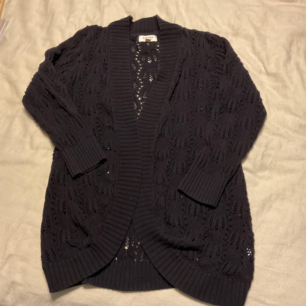 Sonoma‎ Cardigan Sweater Womens XLargeBlack Open Front Crochet Knit Short Sleeve